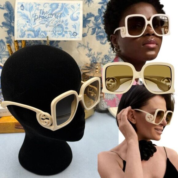 🆕 GUCCI 🧿 NWOT GG1326S 002 Ivory Oversized Square Sunglass, Brown Gradient - Picture 1 of 16